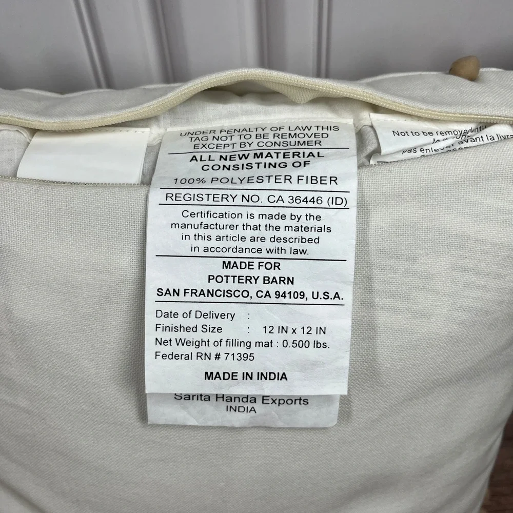 Pottery Barn Throw Pillow 12 x 12 White Tan Crewel Embroidered Pom-Pom Trim